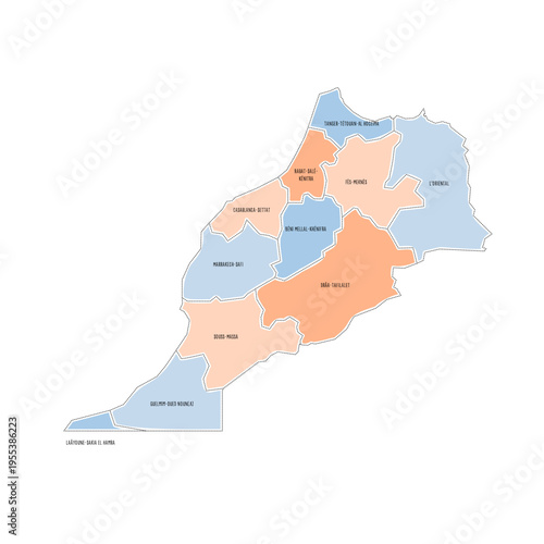 Morocco political map of administrative divisions - regions. Colorful handdrawn doodle style map with black outline borders and name labels.