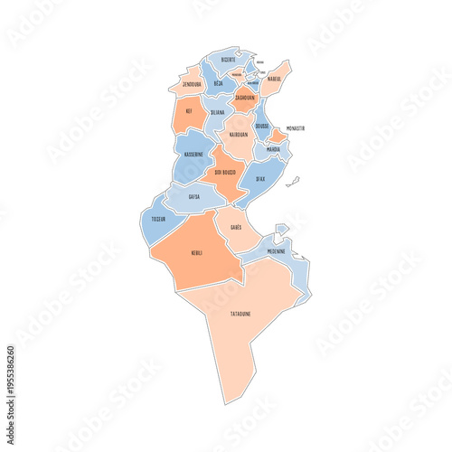 Tunisia political map of administrative divisions - governorates. Colorful handdrawn doodle style map with black outline borders and name labels.