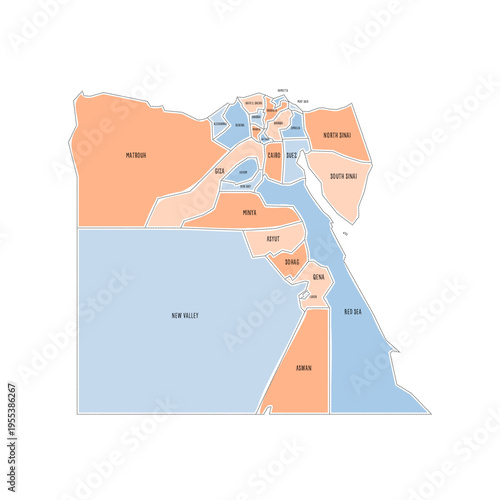 Egypt political map of administrative divisions - governorates. Colorful handdrawn doodle style map with black outline borders and name labels.
