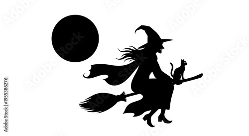 Witch flying on broomstick with cat.