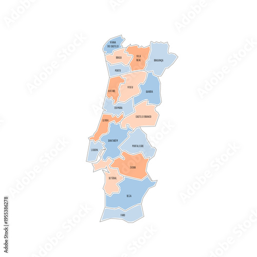 Portugal political map of administrative divisions - districts. Colorful handdrawn doodle style map with black outline borders and name labels.