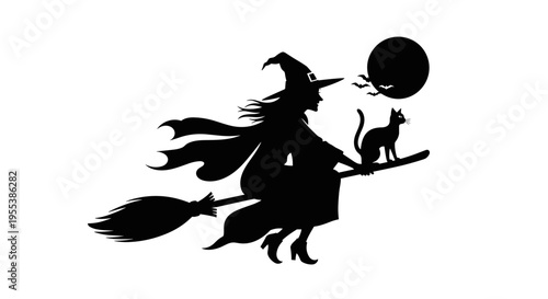 Witch on broomstick with cat.