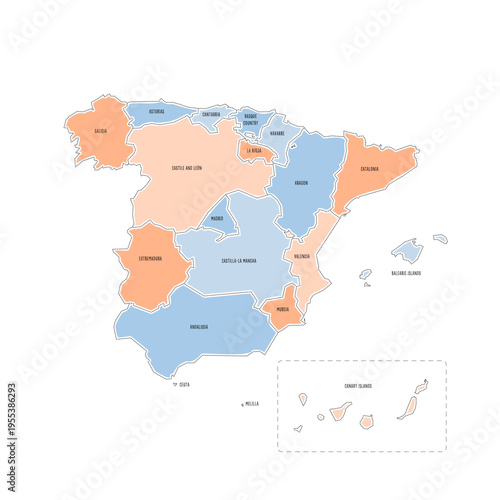 Spain political map of administrative divisions - autonomous communities and autonomous cities of Ceuta and Melilla. Colorful handdrawn doodle style map with black outline borders and name labels.