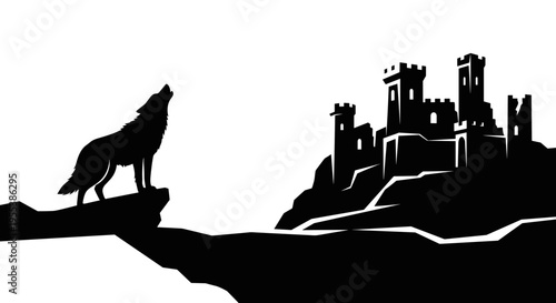 Wolf howling at castle silhouette.