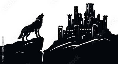 Wolf howling at castle silhouette 1.