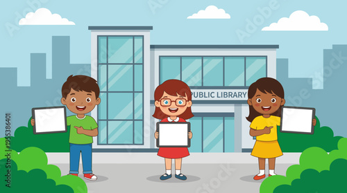This lively image showcases three diverse children proudly holding tablets in front of a public library, emphasizing education, accessibility, and community engagement.