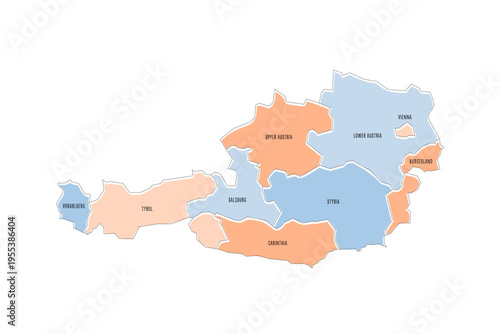 Austria political map of administrative divisions - federal states. Colorful handdrawn doodle style map with black outline borders and name labels.
