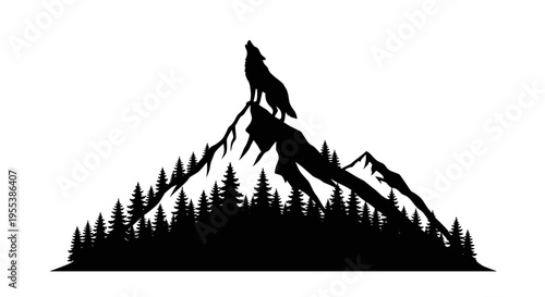 Wolf on mountain peak silhouette.