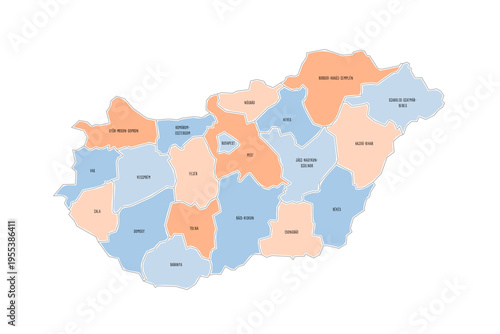 Hungary political map of administrative divisions - counties and autonomous city of Budapest. Colorful handdrawn doodle style map with black outline borders and name labels.