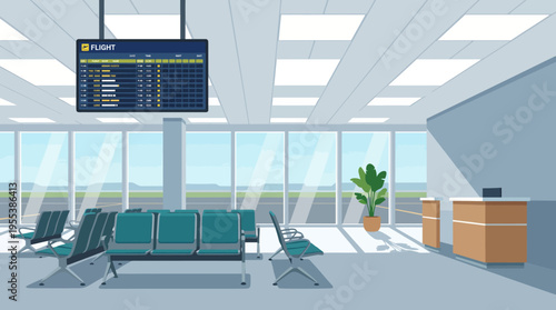 A spacious and bright airport terminal featuring sleek seating, large windows with distant mountain views, and an informative flight display board for travelers.