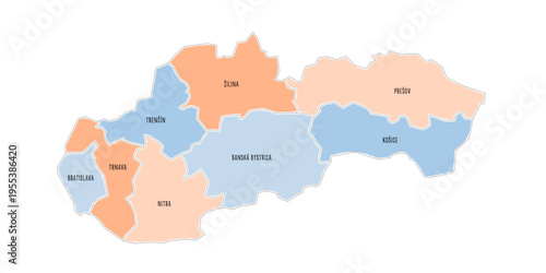 Slovakia political map of administrative divisions - regions. Colorful handdrawn doodle style map with black outline borders and name labels.