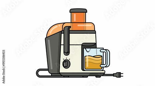 A modern juicer sits proudly with a freshly prepared juice in a clear glass, symbolizing health and vitality in a clean and minimalistic design style.