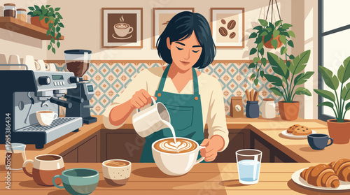 A dedicated barista skillfully pours milk into a coffee cup, creating beautiful latte art in a cozy coffee shop, promoting passion and artistry in beverage service.