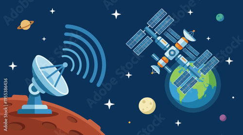 This vibrant illustration showcases a satellite in orbit around Earth, along with a ground station sending signals into space, emphasizing technology and exploration themes.