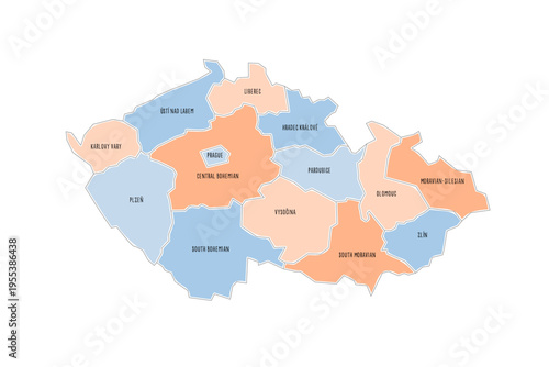 Czech Republic political map of administrative divisions - regions. Colorful handdrawn doodle style map with black outline borders and name labels.