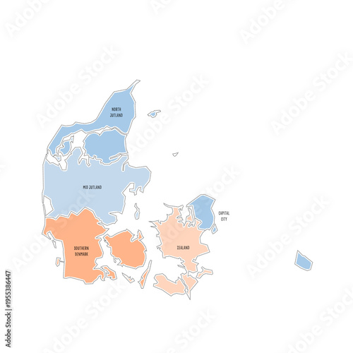 Denmark political map of administrative divisions - regions. Colorful handdrawn doodle style map with black outline borders and name labels.