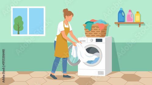 A woman in an apron sorting laundry with a basket, showcasing everyday life tasks and domestic activities, representing organization and routine in home management.