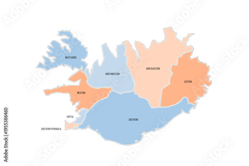Iceland political map of administrative divisions - regions. Colorful handdrawn doodle style map with black outline borders and name labels.