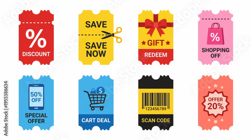 Discount vector icons showcase various shopping offer labels and coupons on a digital illustration
