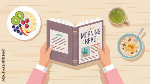 This soothing illustration showcases a cozy morning scene with a person reading a book, accompanied by nutritious food and drinks, emphasizing wellness and relaxation.