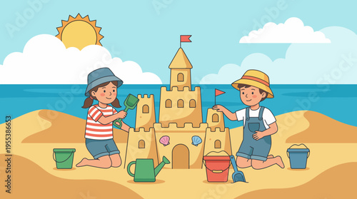This vibrant scene depicts children creating sandcastles on a beach, highlighting the joy and creativity of childhood during sunny days by the seaside.