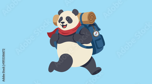 This charming illustration features a joyful panda character, merrily running with a backpack and sleeping roll, symbolizing adventure and exploration in nature.