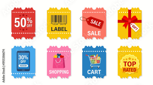 A vector illustration of various colorful sale stickers and shopping labels on a surface with shopping cart and top rated tags.