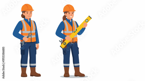 A confident construction worker stands poised with a level tool and a wrench, representing professionalism and dedication in an engaging and colorful illustration.
