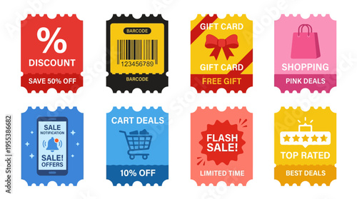 Discount vector badges display various shopping deals and coupons on a digital illustration
