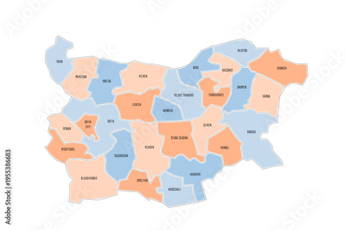 Bulgaria political map of administrative divisions - provinces and regions. Colorful handdrawn doodle style map with black outline borders and name labels.