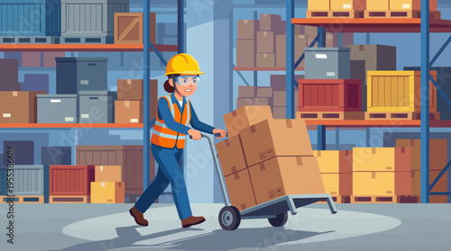 A dedicated warehouse worker efficiently transporting boxes, showcasing hard work, diligence, and the importance of logistics and organization in a warehouse environment.