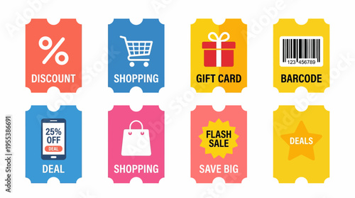 Vector illustration of colorful discount shopping tags with gift card and barcode on a promotional sale background with deals and discounts.
