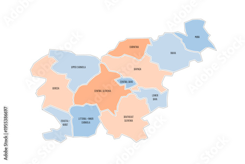 Slovenia political map of administrative divisions - statistical regions. Colorful handdrawn doodle style map with black outline borders and name labels.