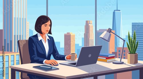 A focused professional woman works diligently at her laptop in a modern office setting, surrounded by city skyscrapers and a bright, inspiring atmosphere.