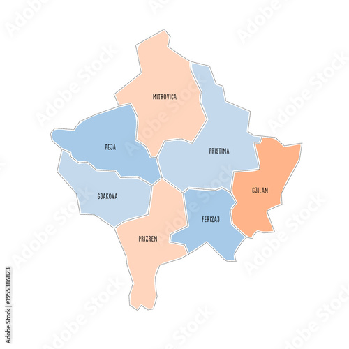 Kosovo political map of administrative divisions - districts. Colorful handdrawn doodle style map with black outline borders and name labels.