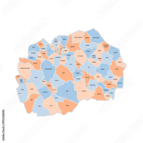 North Macedonia political map of administrative divisions - municipalities. Colorful handdrawn doodle style map with black outline borders and name labels.