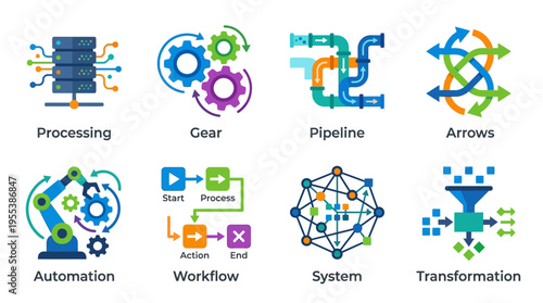 A vector graphic illustration depicts a modern industrial scene with processing, gear, pipeline, automation, and workflow systems.