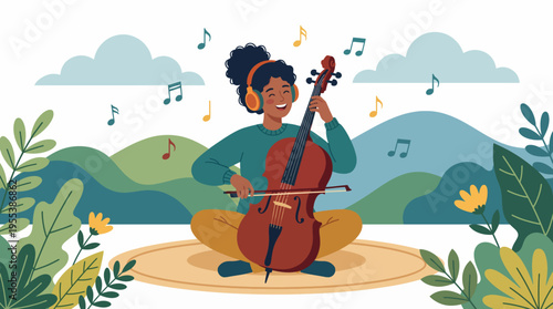 A joyful musician plays the cello in a serene natural setting, surrounded by mountains and leaves, conveying happiness and the love of music in an engaging art style.