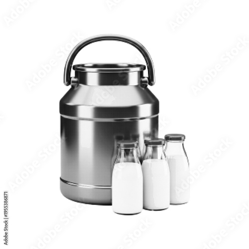 Halftone illustration of metal milk can with glass bottles. Black and white dotted dairy container isolated on white background.