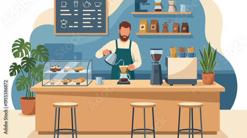 A skilled barista is seen expertly brewing coffee in a charming cafe, highlighting the warmth of hospitality and the delightful art of coffee-making in a friendly atmosphere.