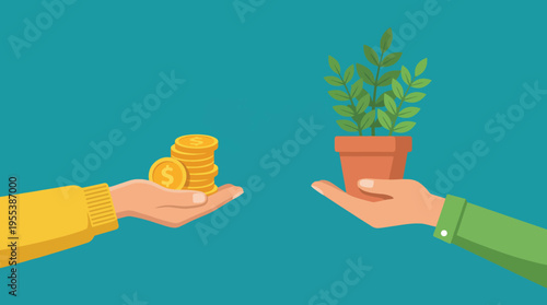 Two hands exchanging coins for a plant symbolizes the idea of investing in sustainability and nurturing growth in environmental projects for a better future.
