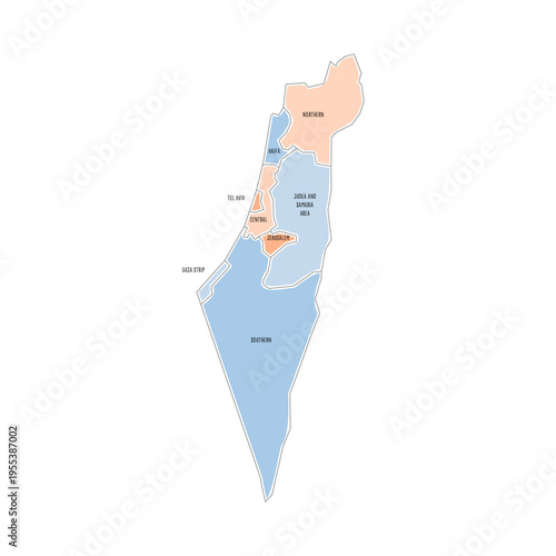 Israel political map of administrative divisions - districts, Gaza Strip and Judea and Samaria Area. Colorful handdrawn doodle style map with black outline borders and name labels.