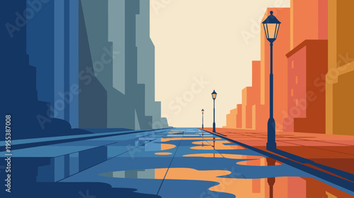 An artistic depiction of a city street reflecting vibrant colors after a rainfall, showcasing lamp posts and buildings, creating a serene and enchanting atmosphere.