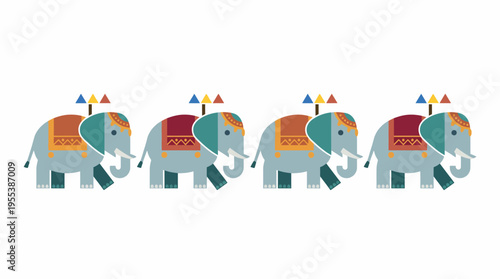 This vibrant image features four playful elephants adorned with colorful accessories and flags, showcasing a festive and joyful atmosphere fit for celebrations and events.