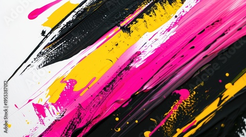 Abstract artwork featuring vibrant pink, yellow, and black paint strokes on a white canvas.