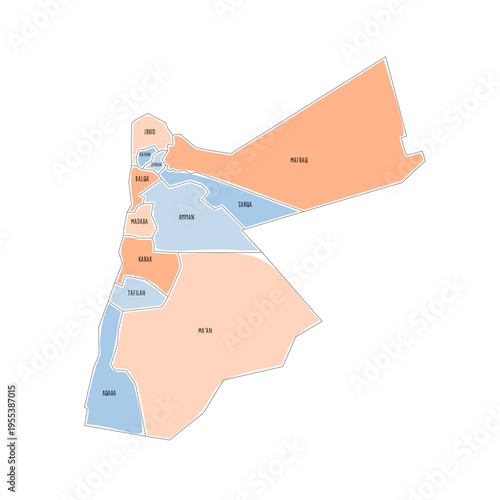 Jordan political map of administrative divisions - governorates. Colorful handdrawn doodle style map with black outline borders and name labels.
