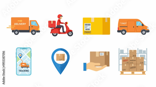 A vector illustration of delivery vehicles and packages being transported and tracked with a map