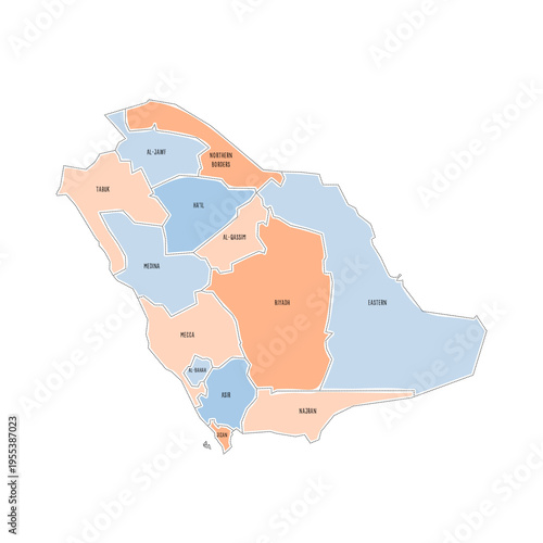 Saudi Arabia political map of administrative divisions - provinces or regions. Colorful handdrawn doodle style map with black outline borders and name labels.
