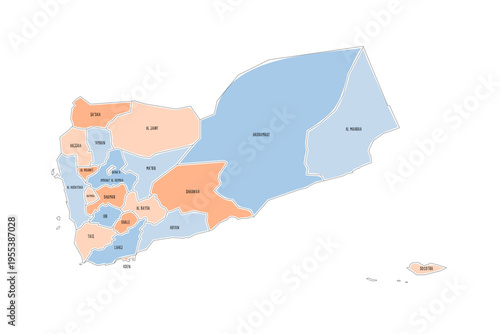Yemen political map of administrative divisions - governorates and municipality of Sanaa. Colorful handdrawn doodle style map with black outline borders and name labels.