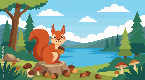 This delightful illustration depicts a friendly squirrel joyfully collecting acorns in a picturesque woodland setting, representing nature's beauty and the cycle of life.